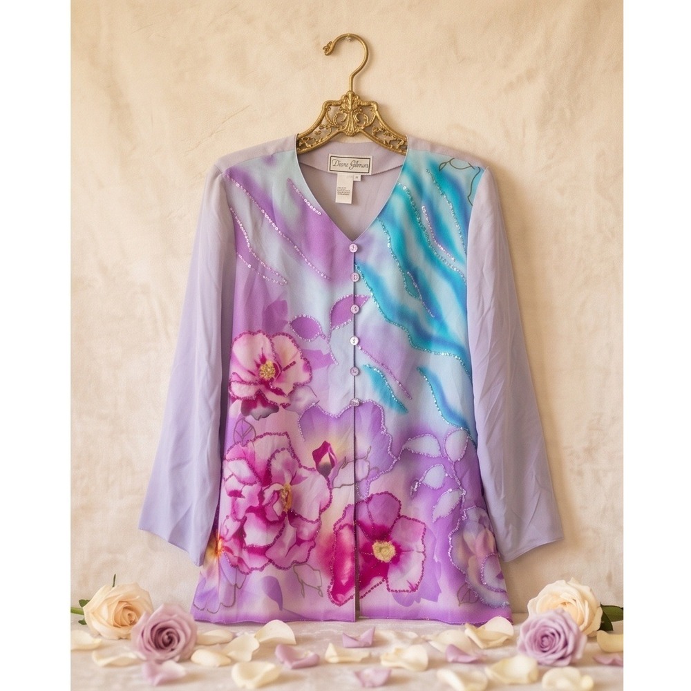 Diane Gilman M Vintage 90s Silk Beaded Floral Blouse Purple Botanical Medium